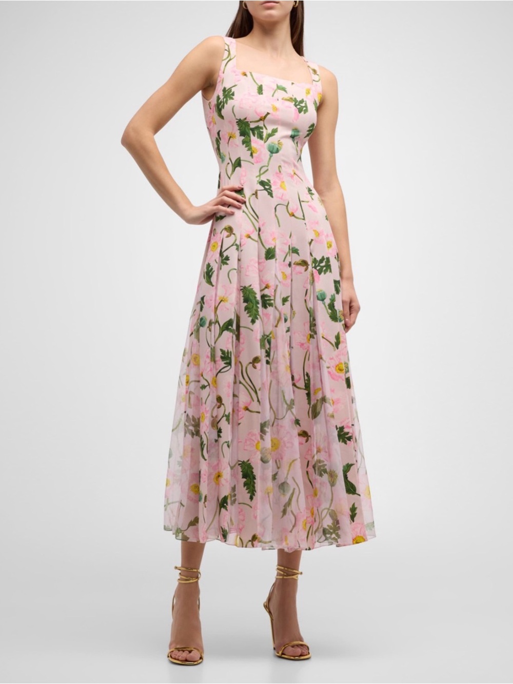 Oscar de la Renta Painted Poppies Crepe Cady dress. Square Neck Pleated